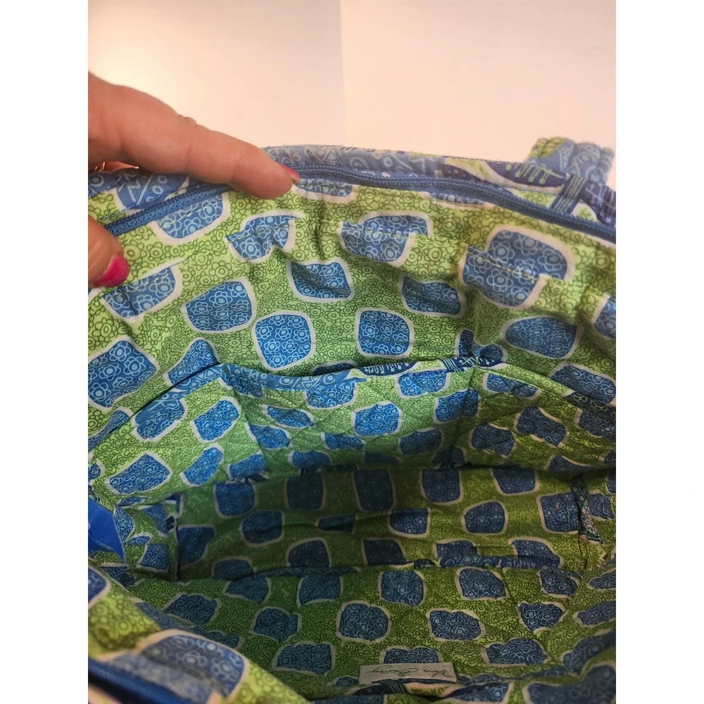 Vera Bradley Blue Bayou Quilted Cotton Tote Bag Floral Zip Top Shoulder Bag